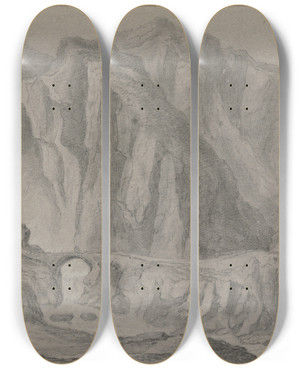 Triptych art skateboard deck of Franz Schtz Die Teufelsbrcke An Der Via Mala Bei Andermatt Im Kanton Uri by Franz Schutz (1751-1781)