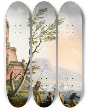 Triptych art skateboard deck of Charlesfranois Grenier De Lacroix Mediterranean Landscape by Charles Francois Grenier De Lacroix (1700-1782)
