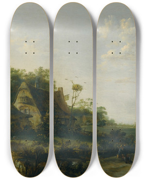 Triptych art skateboard deck of Cornelis Snellinck Landscape With Figures Passing By A Cottage And A Pond by Cornelis Snellinck (1605-1669)