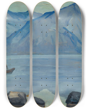 Triptych art skateboard deck of Ernst Schiess At The Beach Of The Lake Of Lugano by Ernst Schiess (1872-1919)