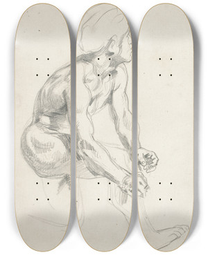 Triptych art skateboard deck of Eugne Delacroix Male Nude Posing For Figures In The Frise De La Guerre by Eugene Delacroix (1798-1863)