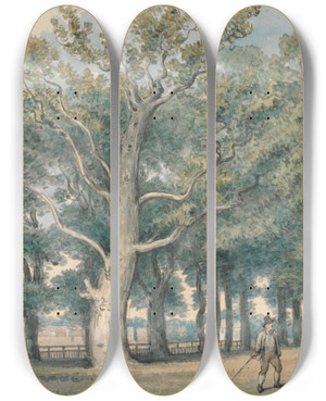 Triptych art skateboard deck of Samuel Howitt A Park Landscape With Shepherd And Sheep by Samuel Howitt (1756-1822)
