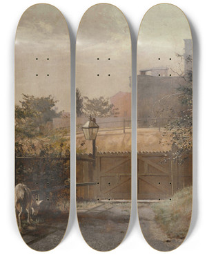 Triptych art skateboard deck of Frederick Mccubbin Melbourne Gaol In Sunlight From The Public Library Grounds by Frederick Mccubbin (1855-1917)