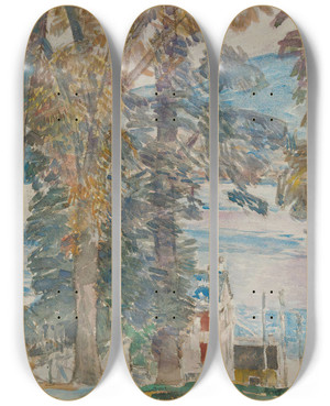 Triptych art skateboard deck of Childe Hassam Newburgh New York by Childe Hassam (1859-1935)