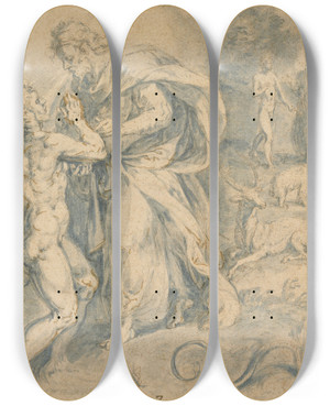 Triptych art skateboard deck of Crispijn Van Den Broeck Creation Of Adam by Crispijn Van Den Broeck (1523-1591)