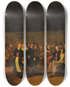 Triptych art skateboard deck of Gerrit Lundens Wedding Feast by Gerrit Lundens (1622-1686)