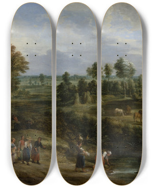 Triptych art skateboard deck of Lucas Van Uden Landscape With Pastures And Clusters Of Trees by Lucas Van Uden (1595-1672)