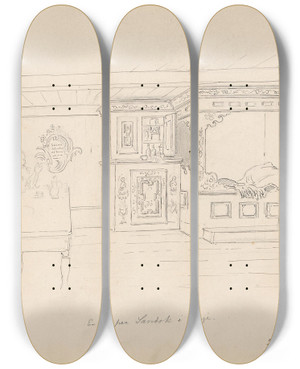 Triptych art skateboard deck of Adolph Tidemand Bondestue Sandk I Vinje_2 by Adolph Tidemand (1814-1876)
