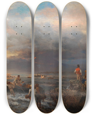 Triptych art skateboard deck of Oswald Achenbach The Bay Of Naples With Vesuvius In The Background by Oswald Achenbach (1827-1905)