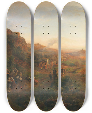 Triptych art skateboard deck of Oswald Achenbach Abendstimmung In Den Albaner Bergen by Oswald Achenbach (1827-1905)