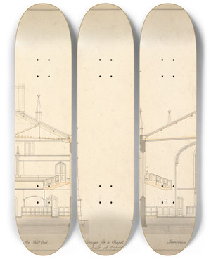 Triptych art skateboard deck of Lewis Vulliamy Design For A Chapel At Enfield Transverse Sections Of The East And West End by Lewis Vulliamy (1791-1871)