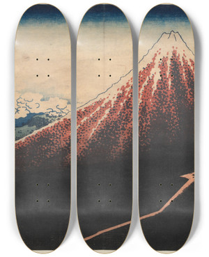 Triptych art skateboard deck of Katsushika Hokusai Rain Below The Mountain From The Series Thirtysix Views Of Mt Fuji by Katsushika Hokusai (1760-1849)