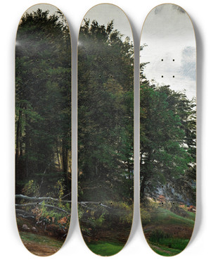 Triptych art skateboard deck of P C Skovgaard Forested Hills by P C Skovgaard (1817-1875)