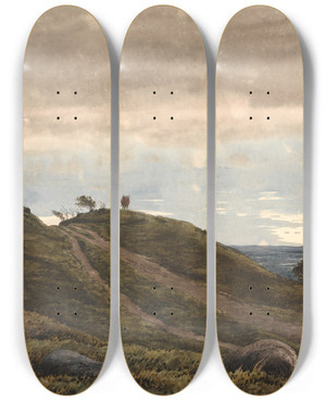Triptych art skateboard deck of P C Skovgaard Landskab Med En Sandet Vej Der Frer Over En Lyngbakke Til Hjre Udsigt Over Vidtstrakt Land Med Trvemoser Fra Raagelejeegnen by P C Skovgaard (1817-1875)