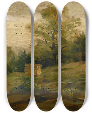 Triptych art skateboard deck of Udovt Ordk Landscape With Cords Of Wood by udovt ordk (1865-1937)