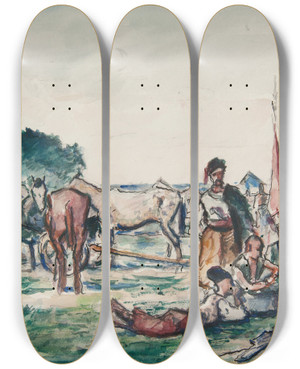 Triptych art skateboard deck of Ivan Ivanec Scena Historyczna Odpoczynek Taboru Kozackiego by Ivan Ivanec (1893-1946)