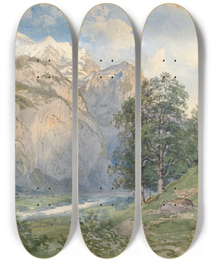 Triptych art skateboard deck of Josef Hger The Lauterbrunnen Valley With Jungfrau by Josef Hoger (1801-1877)