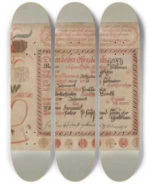 Triptych art skateboard deck of Albert Levone Birth Certificate Taufschein by Albert Levone (20-)
