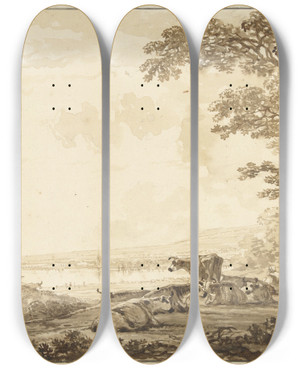 Triptych art skateboard deck of Jacob Van Strij Rivierlandschap Met Rustend Vee by Jacob Van Strij (1756-1815)