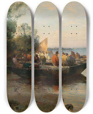 Triptych art skateboard deck of Joseph Wopfner Fishing Boats On The Shore Of Lake Constance At Dusk by Joseph Wopfner (1843-1927)