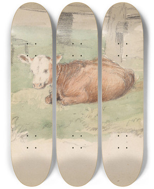 Triptych art skateboard deck of Adolph Tidemand Liggende Kalv by Adolph Tidemand (1814-1876)