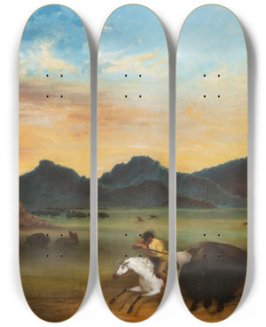 Triptych art skateboard deck of Alfred Jacob Miller Buffalo Hunt by Alfred Jacob Miller (1810-1874)