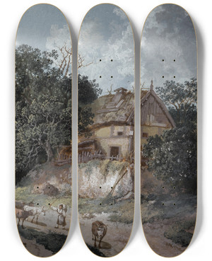 Triptych art skateboard deck of Johann Georg Wagner Bauernhaus Unter Bumen An Einer Weggabelung by Johann Georg Wagner (1732-1767)