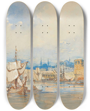 Triptych art skateboard deck of Amadeo Preziosi Fishing Boats On The Sea Of Marmara At Kumkapi Istanbul by Amadeo Preziosi (1816-1882)