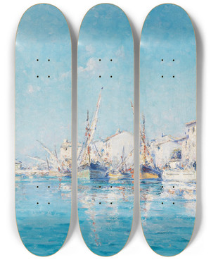 Triptych art skateboard deck of Henry Malfroy The Southern French Fishing Port Of Martigues by Henry Malfroy (1895-1944)