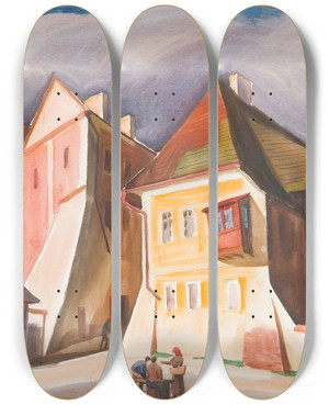 Triptych art skateboard deck of Wadysaw Skoczylas Widok Kazimierza Nad Wis_1 by Wladyslaw Skoczylas (1883-1934)