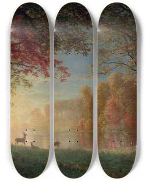 Triptych art skateboard deck of Albert Bierstadt Indian Sunset Deer By Alake by Albert Bierstadt (1830-1902)