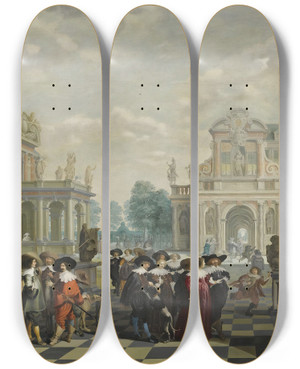 Triptych art skateboard deck of Dirck Van Delen An Elaboratepalace Courtyard With Elegant Company Proceeding Towards A Great Staircase by Dirck Van Delen (1604-1671)