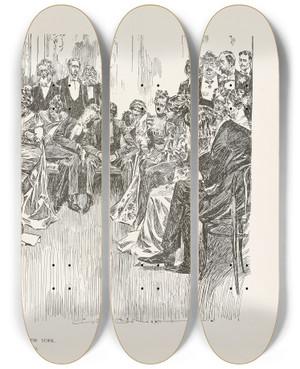Triptych art skateboard deck of Charles Dana Gibson The Salons Of New York At Mrs Flat Sharps by Charles Dana Gibson (1867-1944)