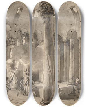 Triptych art skateboard deck of Jean Pierre Louis Laurent Hoel Visitors With Torches Inside A Circular Building by Jean Pierre Louis Laurent Houel (1735-1813)