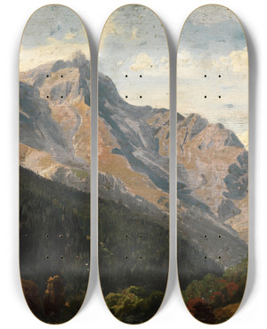 Triptych art skateboard deck of Johann Wilhelm Schirmer Schweizer Gebirgslandschaft Mit Dem Piz Beverin Im Hintergrund by Johann Wilhelm Schirmer (1807-1863)