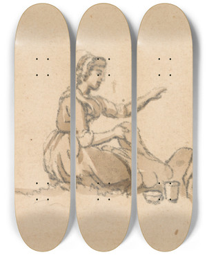 Triptych art skateboard deck of Paul Sandby Two Girls Seated by Paul Sandby (1731-1809)