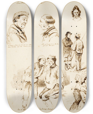 Triptych art skateboard deck of Pieter Van Loon Karik Genrescnes Wo Baasknecht Paarden by Pieter Van Loon (1801-1873)