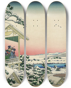 Triptych art skateboard deck of Katsushika Hokusai Teahouse At Koishikawa The Morning After A Snowfall by Katsushika Hokusai (1760-1849)