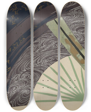 Triptych art skateboard deck of Kamisaka Sekka Folding Fans Suehiro by Kamisaka Sekka (1866-1942)