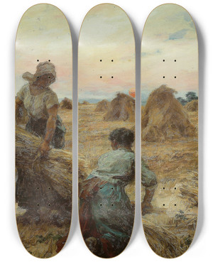 Triptych art skateboard deck of Lon Augustin Lhermitte The Harvesters by Lon Augustin Lhermitte (1844-1925)