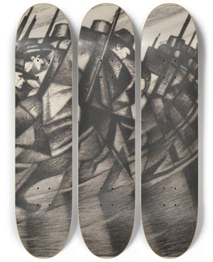 Triptych art skateboard deck of Christopher R W Nevinson Returning To The Trenches by Christopher R W Nevinson (1889-1946)