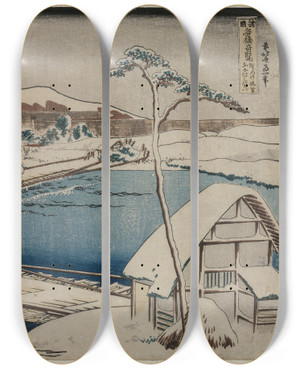 Triptych art skateboard deck of Katsushika Hokusai An Ancient Picture Of The Boat Bridge At Sano In Kozuke Province From The Series Curious Views Of Famous Bridges In The Provinces by Katsushika Hokusai (1760-1849)