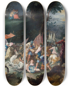 Triptych art skateboard deck of Pauwels Casteels Josua Defeating Amalek by Pauwels Casteels (1649-1677)