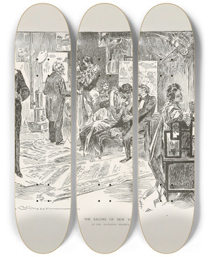Triptych art skateboard deck of Charles Dana Gibson The Salons Of New York At Mrs Daubleigh Chromess by Charles Dana Gibson (1867-1944)