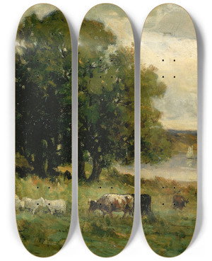 Triptych art skateboard deck of Edward Mitchell Bannister Untitled Cattle Near River With Sailboat In Distance by Edward Mitchell Bannister (1828-1901)