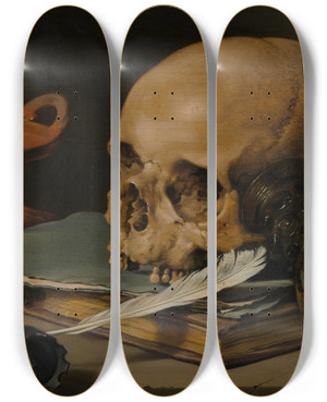 Triptych art skateboard deck of Pieter Claesz Still Life With A Skull And A Writing Quill by Pieter Claesz (1596-1660)