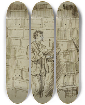 Triptych art skateboard deck of Charles Samuel Keene In The Studio by Charles Samuel Keene (1823-1891)