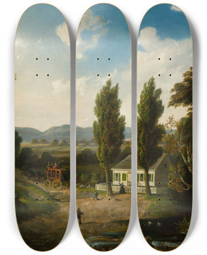 Triptych art skateboard deck of Henry Boese Landscape With Stagecoach by Henry Boese (1824-1897)