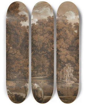 Triptych art skateboard deck of Johann Christian Reinhart Arcadian Landscape With Three Figures At A Lake by Johann Christian Reinhart (1761-1847)