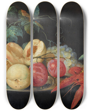Triptych art skateboard deck of Joris Van Son Still Life With Fruit And Boiled Crayfish by Joris Van Son (1623-1667)